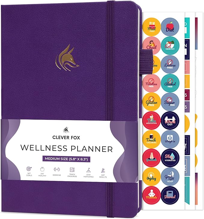 Clever Fox Wellness Planner - Weekly & Daily Health and Wellness Log, Food Journal & Meal Planner Diary for Calorie Counting, Notebook for Medical Condition Tracking, A5-Sized - Purple