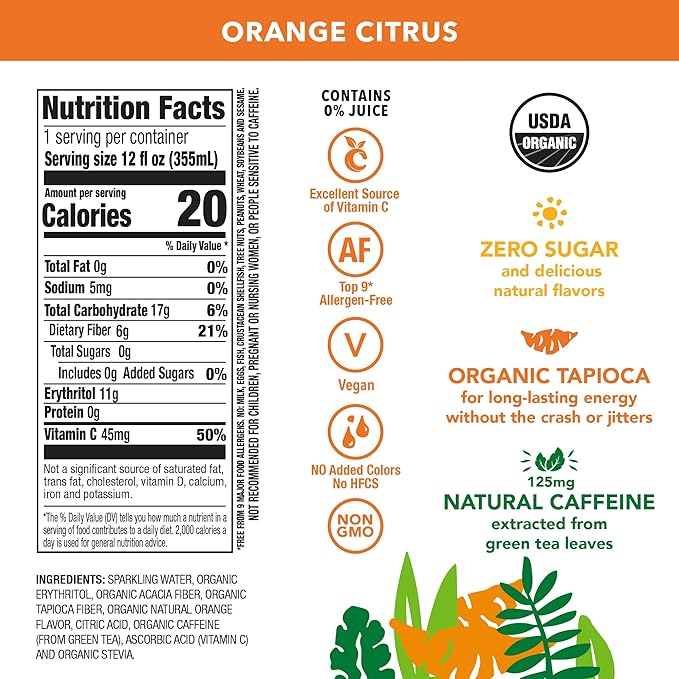OCA ZERO Orange Citrus, Organic energy drink, zero sugar, gluten-free, vegan plant-based, 12 Fl Oz (12-pack)
