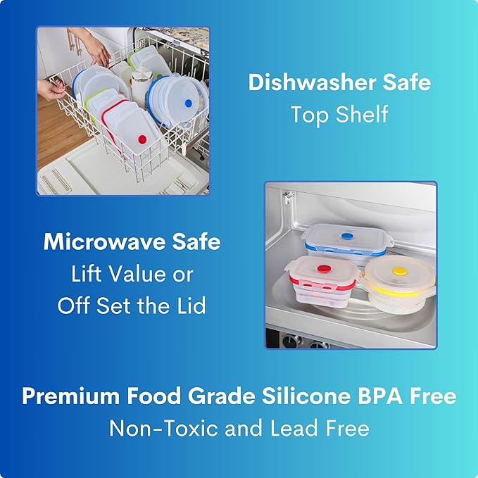 Collapsible Silicone Food Storage Containers, BPA Free, Microwave, Freezer and Dishwasher Safe, Lunch, Meal Prep, Travel, Space-Saving, Set of 5