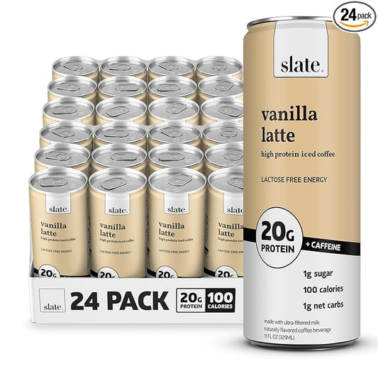 Slate Milk - High Protein Iced Coffee - Vanilla Latte - 175mg Caffeine, Lactose Free Energy - 20g Protein, 1g Sugar, 100 Calories, 1g Net Carbs, No Sugar Added - Protein Coffee - 11 fl oz, 24 Cans