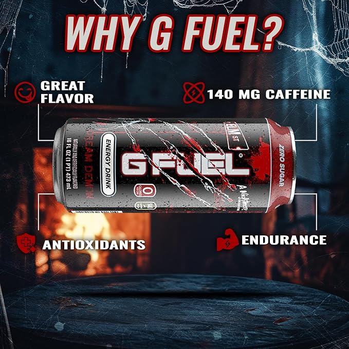 G Fuel Energy Drink, Fruit Punch, Sugar Free Beverage with 140mg Caffeine, Daily Energy Boost with Focus Amino, Vitamin + Antioxidants, 16 oz Cans (Nightmare on Elm Street, 12-Pack)