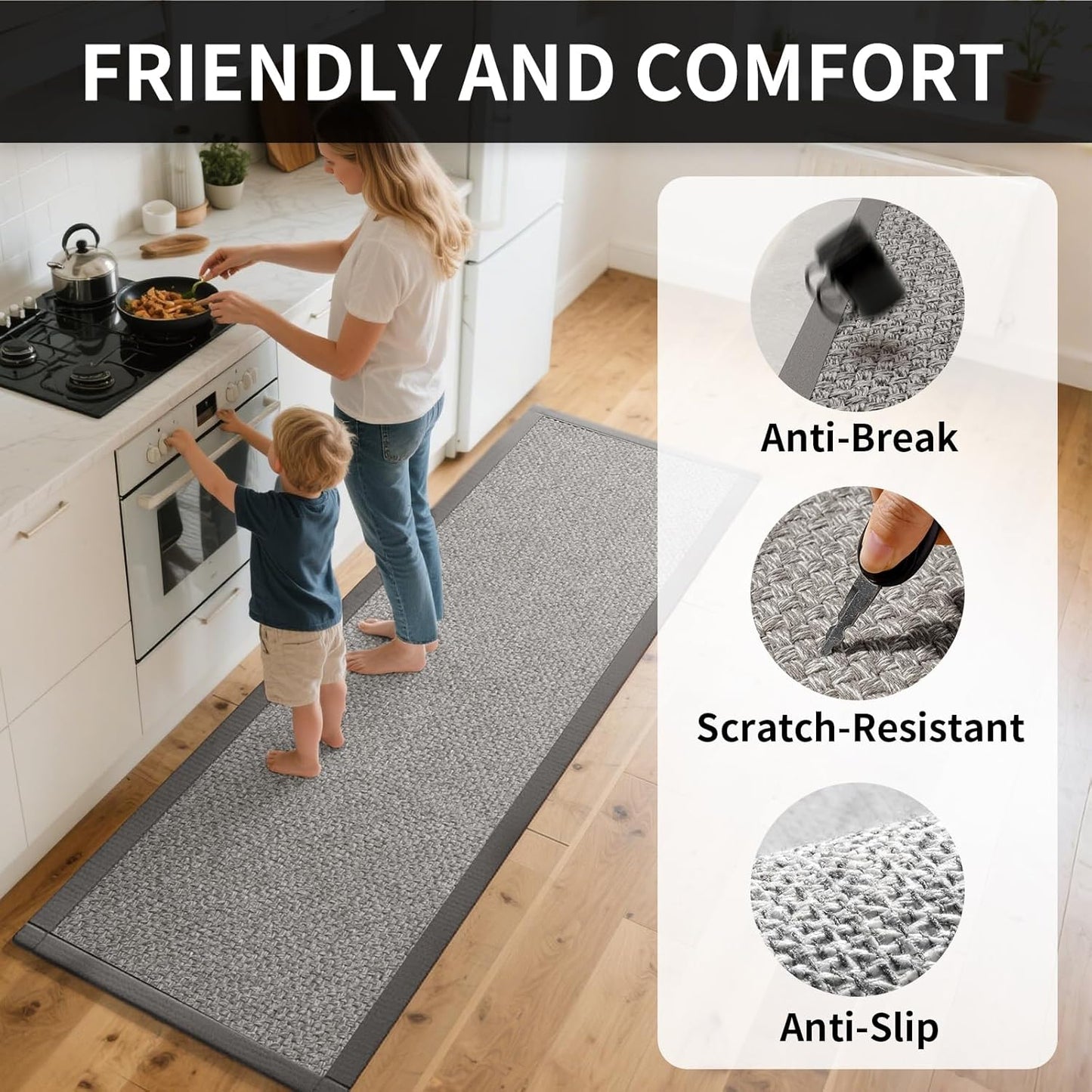 Kitchen Rugs Non Slip Washable, Super Absorbent Kitchen Mats for Floor, Rubber Backing Jute-Like Braid Kitchen Sink Mat Runner Rug Standing Mat, Easy to Clean, Gray 17"x47"