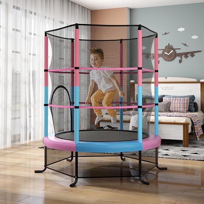 GYMAX Toddler Trampoline, 55” Trampoline for Kids with Bottom-to-Top All-Round Enclosure Net & Seamless Jumping Mat, ASTM Approved Easy Assembly Kids Mini Trampolines Indoor/Outdoor