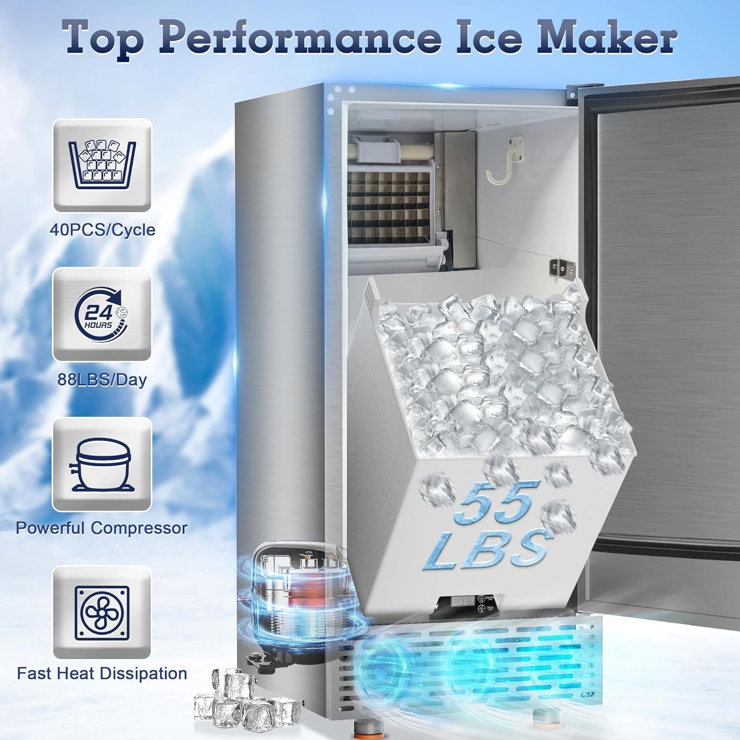 Commercial Under Counter Ice Maker Machine 88Lbs/Day with 55Lbs Storage, 15" W Stainless Steel Built-in Freestanding Ice Maker 40Ice/Cycle, Self-Cleaning for Commercial & Home Restaurants Bars