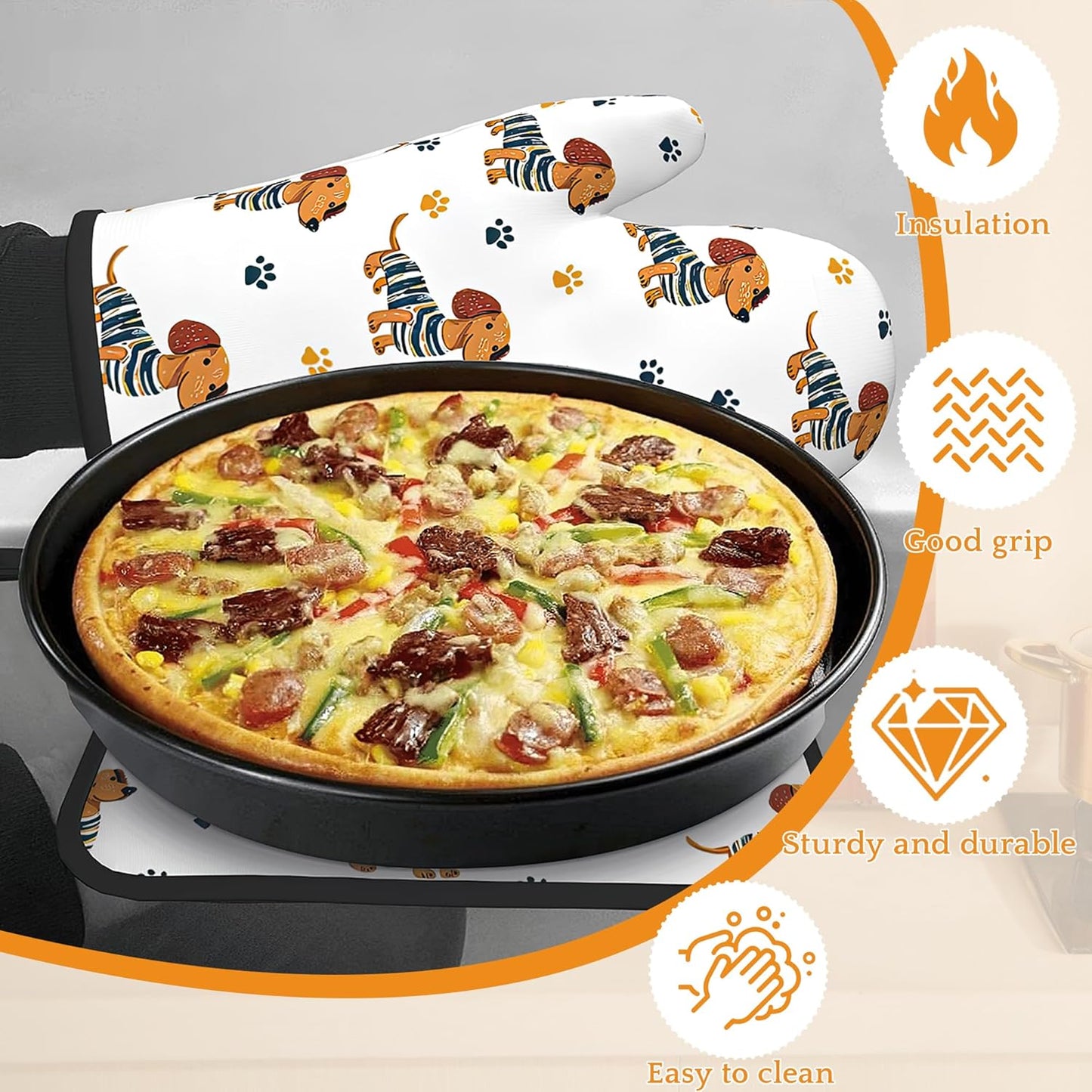 Cute Dachshund Dog Oven Mitts and Pot Holders,Paw Heat Resistant Oven Mitts Gloves and Pot Holder for Home Kitchen Decorations Cooking Baking BBQ Gifts,Set of 4