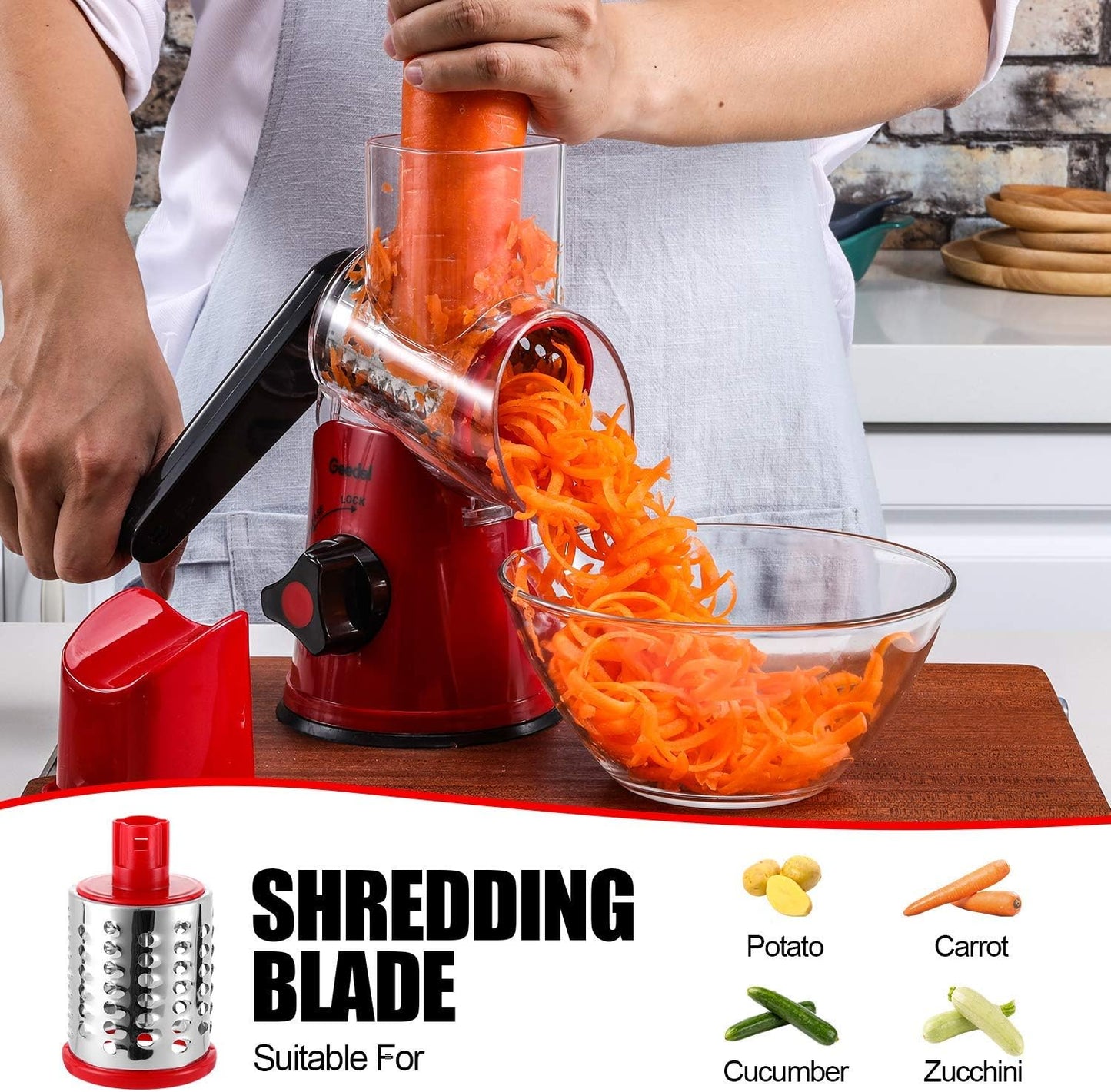Geedel Rotary Cheese Grater, Kitchen Mandoline Vegetable Slicer with 2 Interchangeable Blades, Easy to Clean Rotary Grater Slicer for Fruit, Vegetables, Nuts