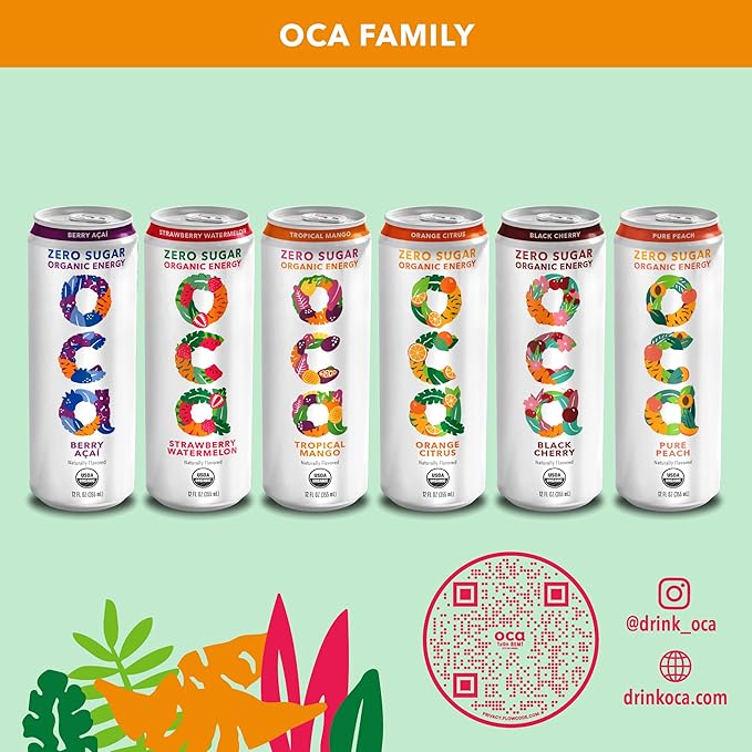 OCA ZERO Strawberry Watermelon, Organic energy drink, zero sugar, gluten-free, vegan plant-based, 12 Fl Oz (12-pack)