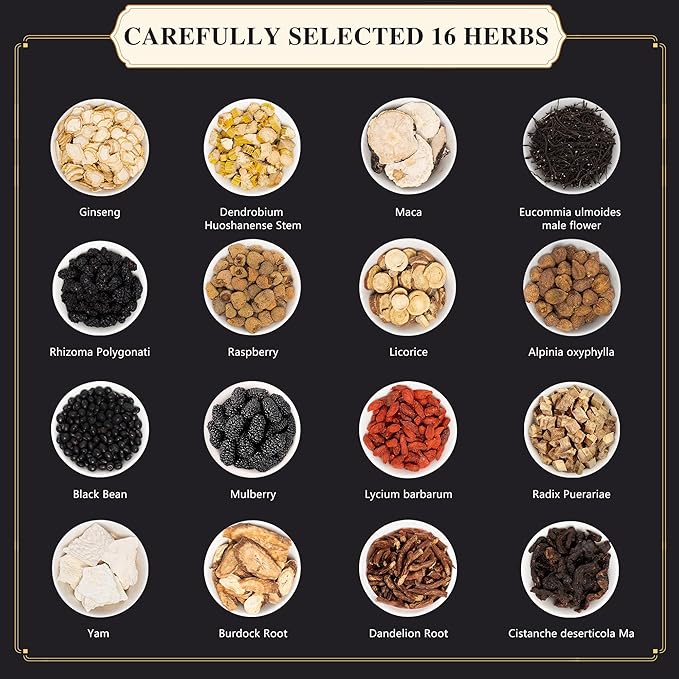 Ginseng Polygonatum Eucommia Male Flower Tea, 16 Ingredients Organic Natural Formula Kidney Tea, 500g/Box Ginseng Six Treasure Aid Root Kidney Men's Herbal Tea (30 cans/1Box)