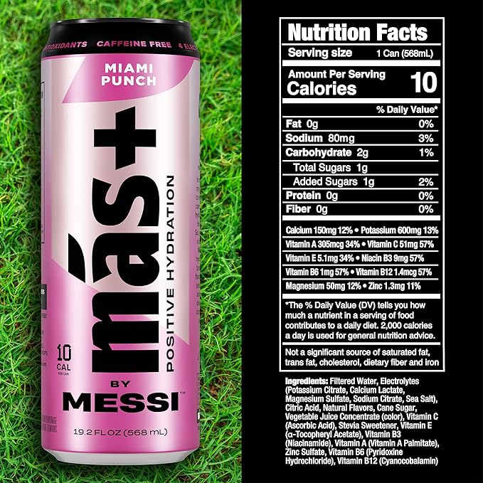 Más+ By Messi 19.2oz Miami Punch Sports Drink & Hydration Beverage, Natural Flavors with Vitamins and Electrolytes, No Artificial Sweeteners or Colors, 12-pack