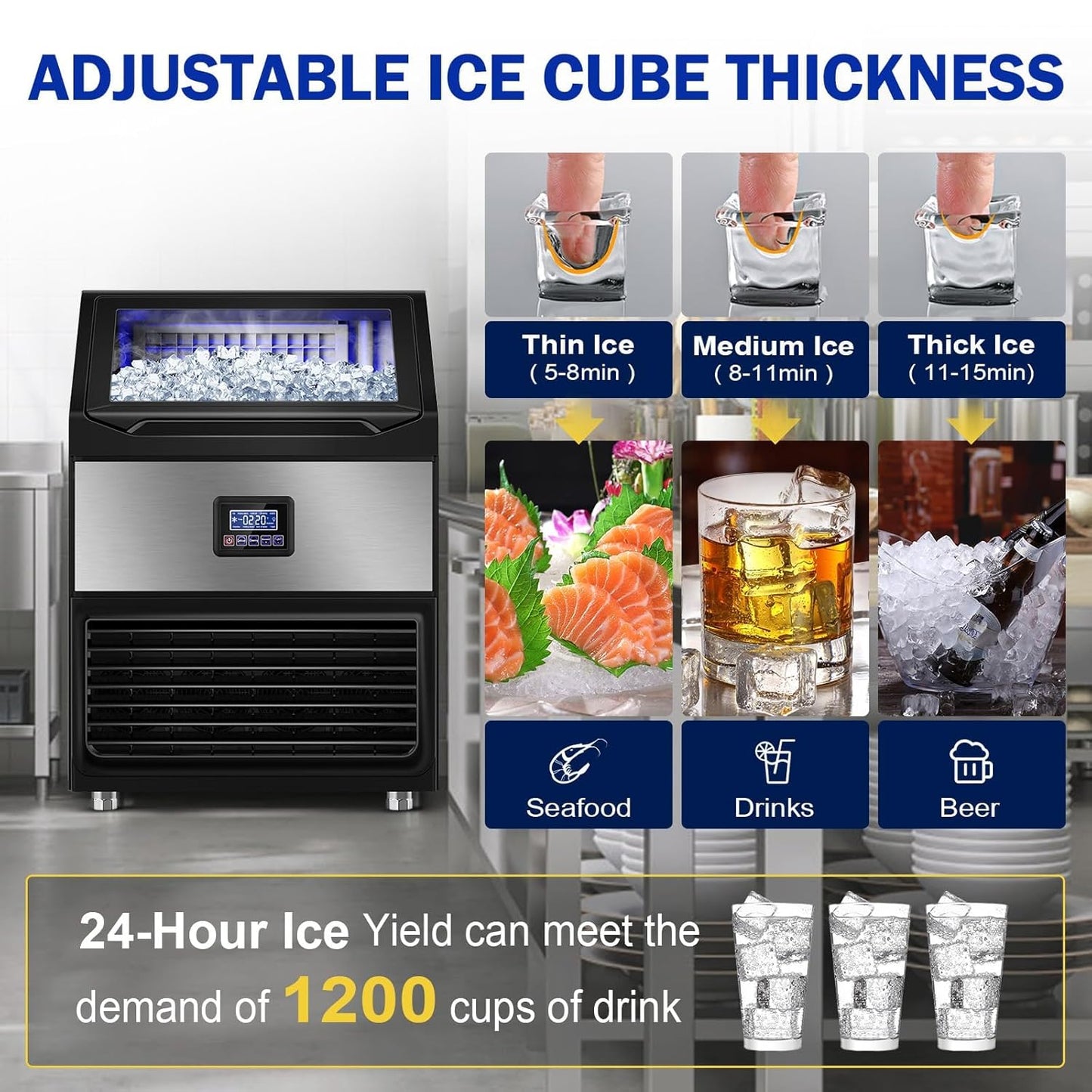 Commercial Ice Machines, 350Lbs/24H with 75Lbs Storage Bin, 108Pcs Ice Cubes 8Mins, Freestanding Large Ice Machine with Water Filter and Ice Scoop for Home Bar Office Restaurant