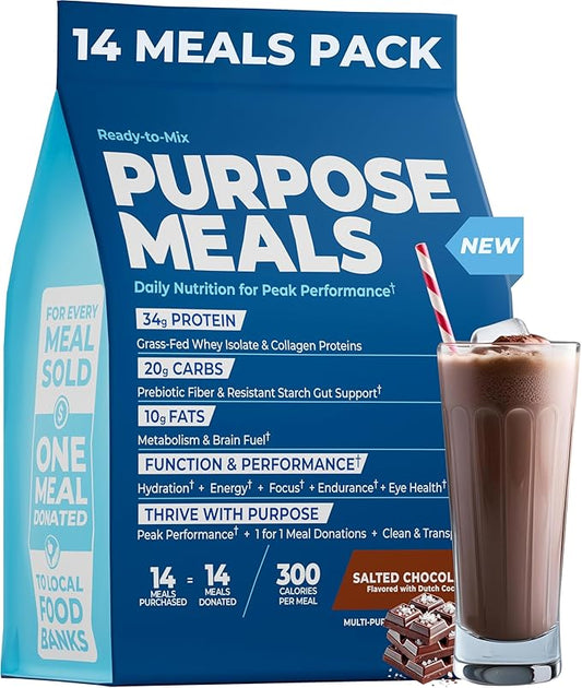Meal Replacement Shake, Grass Fed Whey Protein Isolate & Collagen Peptides, Creatine Monohydrate, Electrolytes Powder, Prebiotics, Organic Mushrooms, Nootropic Energy Drink (14 Meals Salted Chocolate)