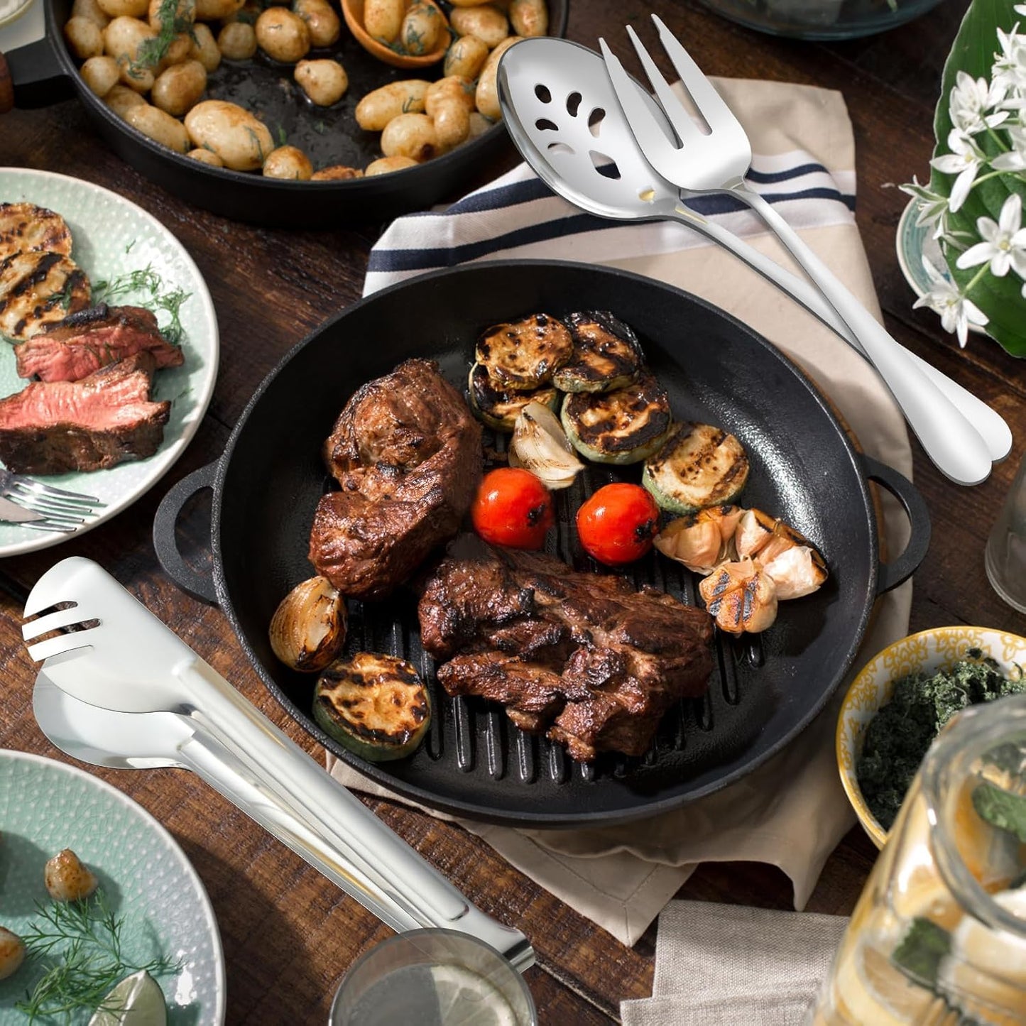 BEWOS Serving Utensils, 16-Piece Large Serving Set, 9.1” Serving Spoons, 9.1” Slotted Spoons, 9.1” Serving Forks, 9.5” Serving Tongs, Stainless Steel Serving Utensils Set for Parties, Dishwasher Safe