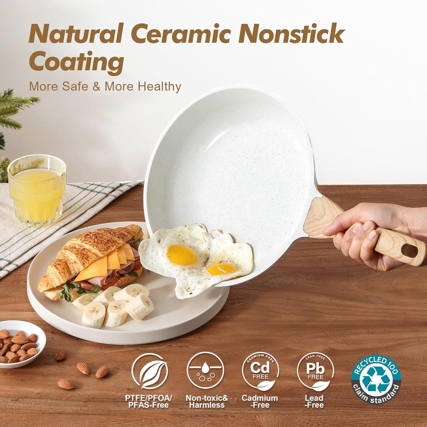 SENSARTE Nonstick Frying Pan Skillets, White Ceramic Coating Omelette Pans, Healthy Cookware Chef's Pan, Free of PTFE & PFAS (8+11Inch with Lid)