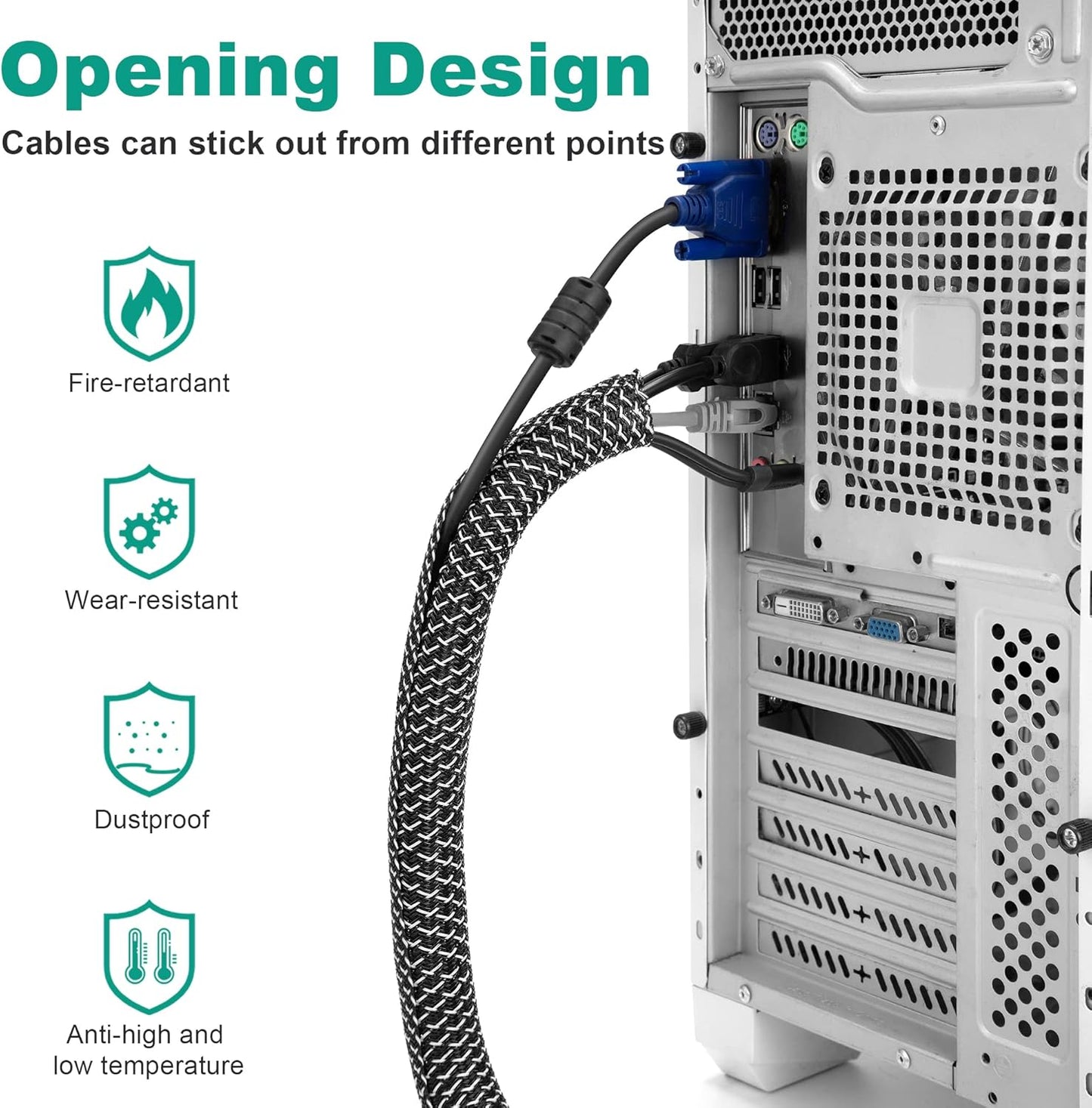 ZhiYo 6.6ft - 1 inch Cable Sleeve, Cord Wrap Wire Protector Tubing for Pets, PC Cable Wrap, Computer Cable Management Sleeve - Black - White