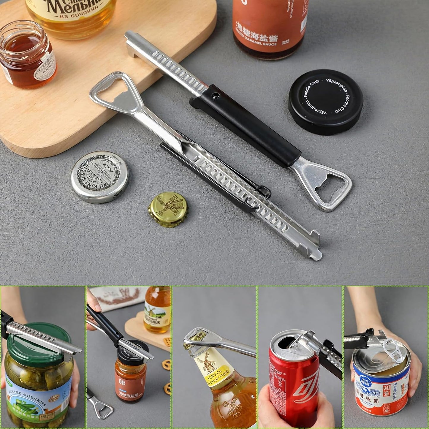 Jar Opener - 2 in 1 Adjustable Stainless Steel Jar Opener for Seniors with Arthritis - Lid Opener and Bottle Opener set with Jar Opener Gripper Pad