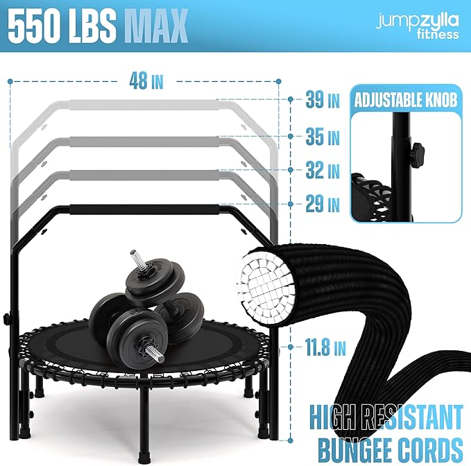 Jumpzylla Fitness Trampoline 40" or 48" | Foldable Mini Rebounder Trampoline for Adults with Bar | Durable, Quiet, Low-Impact Exercise Equipment for Indoor and Home Workouts (550 LBS Capacity)