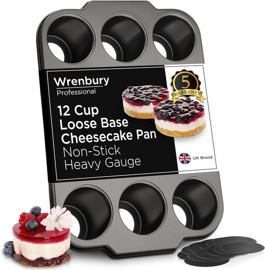 Wrenbury Pro Mini Cheesecake Pans Removable Bottom 12 Hole - Heavy Gauge Carbon Steel Muffin Cupcake Pan Loose Bottom Springform for Baking - 3 Inch Individual Cheesecakes Tin - PFOA Free