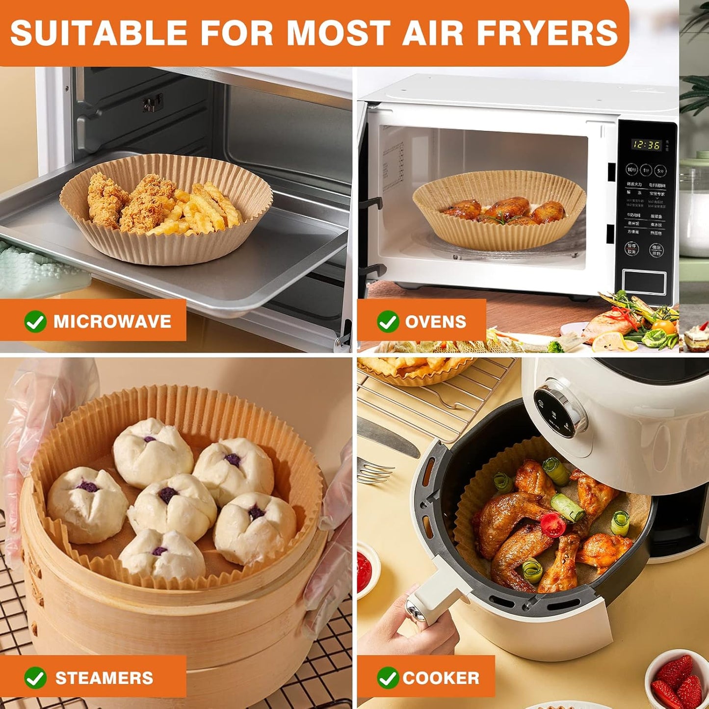 Air Fryer Liners Disposable - 50 PCS 8 Inch Air Fryer Parchment Paper Round, Non-Stick Food Grade Paper Liner for Baking Roasting Microwave