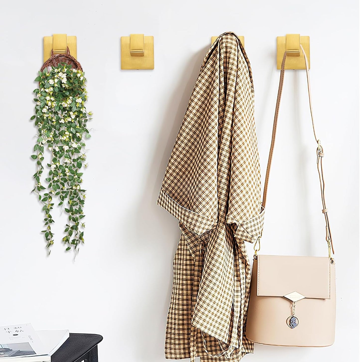 IBosins 4 Pack Towel Hooks Hand Towel Holder for Bathroom Wall Livingroom Bedroom Kitchen Closet Heavy Duty Stainless Steel Hook Hanger for Robe, Bath Towel, Coat (Square Brushed Gold)