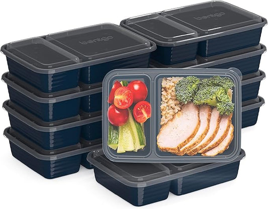Bentgo 20-Piece Lightweight, Durable, Reusable BPA-Free 2-Compartment Containers - Microwave, Freezer, Dishwasher Safe - Navy Blue