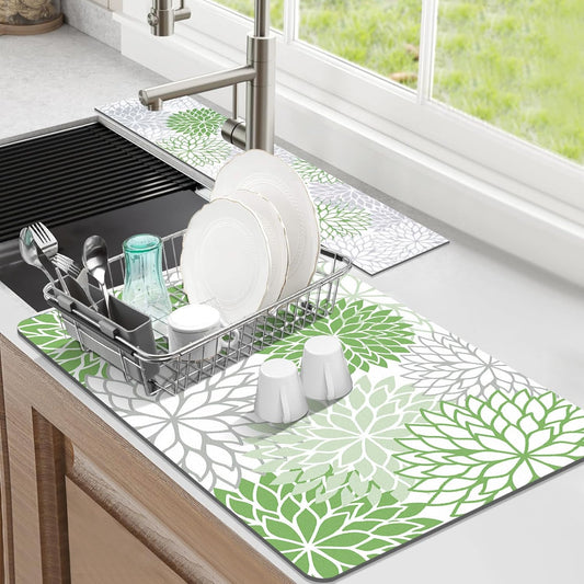 Findosom 2PCS 12" x 20" Dish Drying Mat & 24" x 5.5" Sink Splash Guard, Super Absorbent & Cuttable Dish Mat Drying Kitchen Mat with Green Floral, Hide Stain Drying Mat for Kitchen Counter
