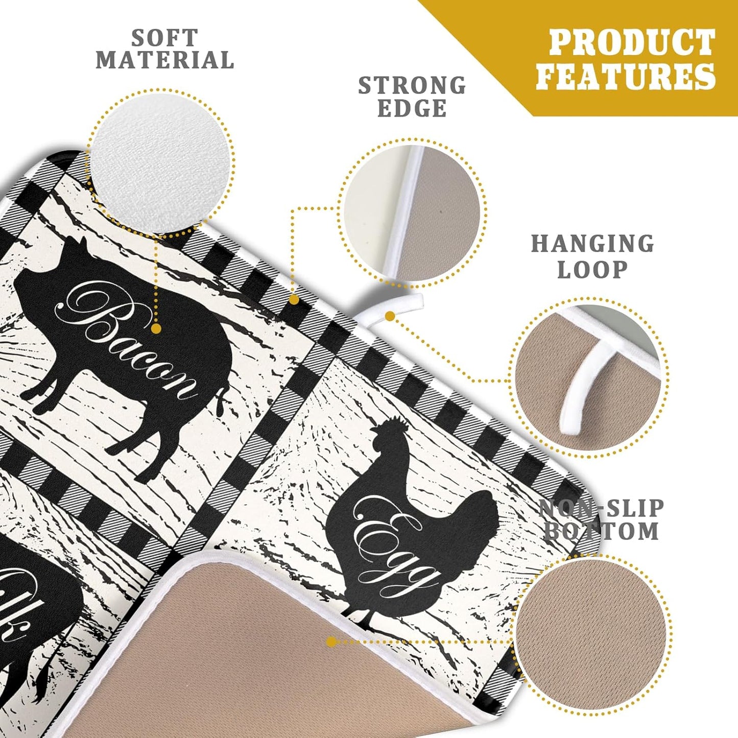 Farmhouse Animal Dish Drying Mat Buffalo Plaid Drainer Rack Mats Fast Dry Absorbent Kitchen Countertop Protector Dishes Pad 16x18 Inch