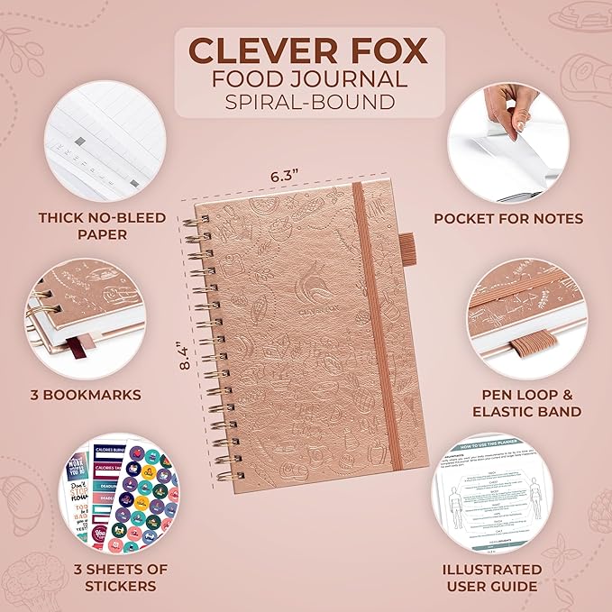 Clever Fox Food Journal Spiral - Daily Food Diary, Meal Prep Planner to Track Calories & Nutrients, Weight Loss Tracker Notebook (Rose Gold)