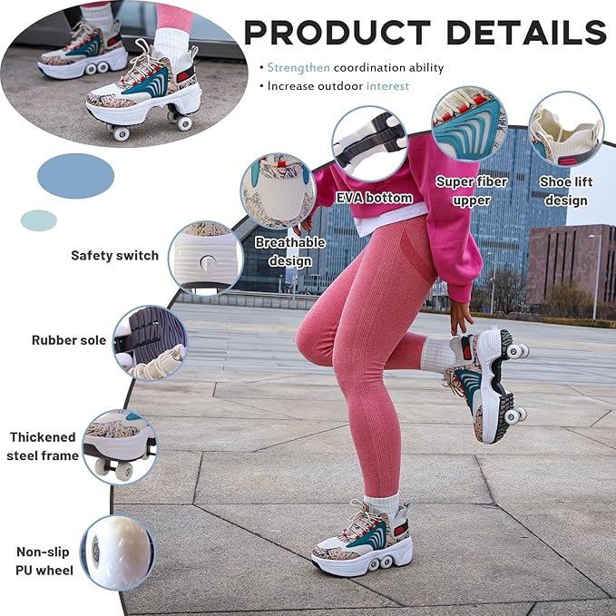 Roller Skate Shoes for Women Four Rounds Children's Roller Skates Shoes That Turn into Rollerskates Sneakers Outdoor Light Shoes with Wheels for Girls/Boys