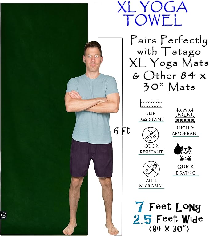 Tatago Hot Yoga Mat Towel Non Slip for Hot Yoga (72-84 inch Mats) Our Hot Yoga Towel Non Slip Silicone Dabs & Absorbent Microfiber Blend Gives You More Grip As You Drip! (Ezmeraldo, XL - 84")