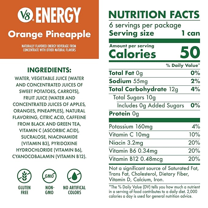 V8 Energy Orange Pineapple Energy Drink, 8 fl oz Can (24 Pack)