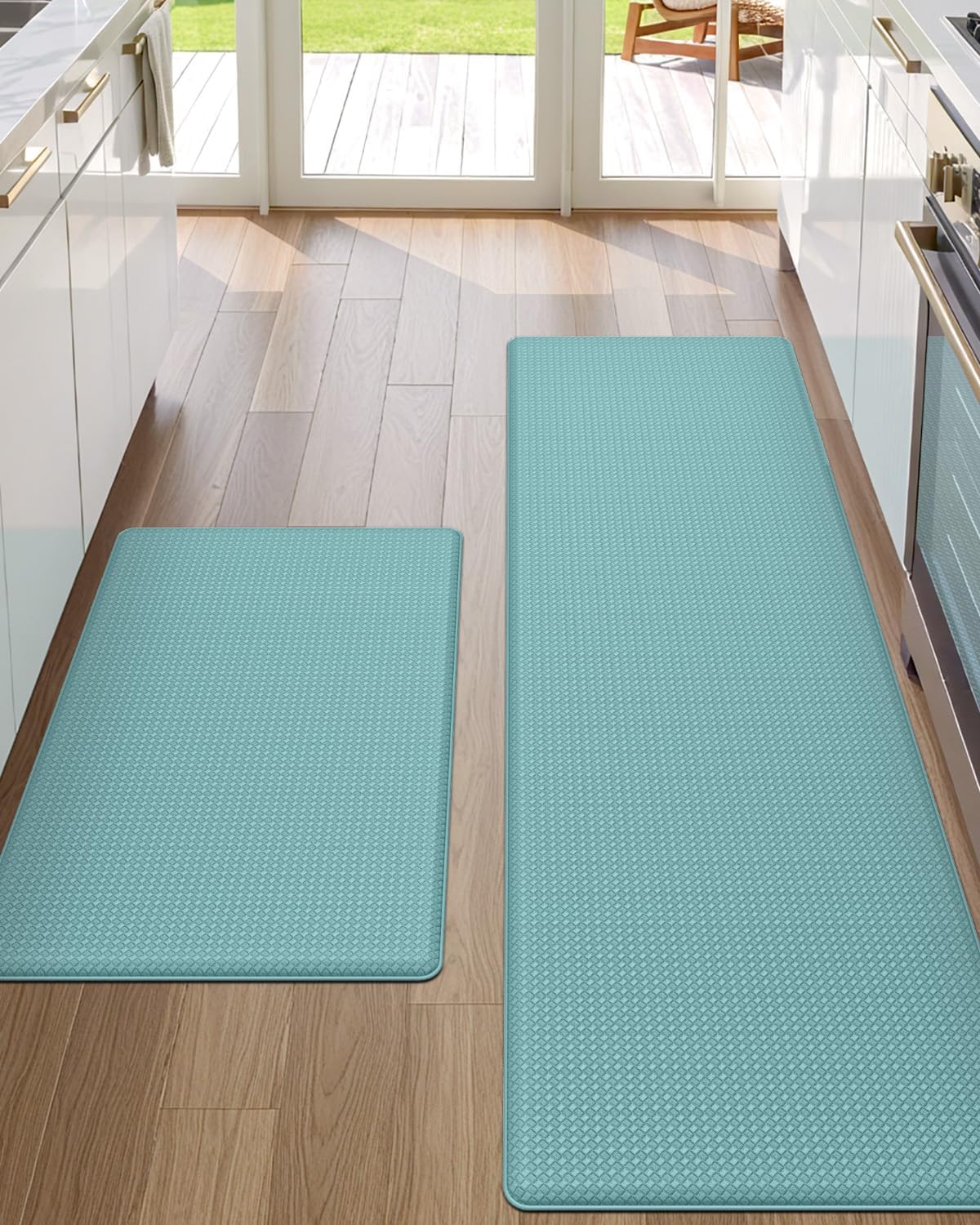 DEXI Kitchen Floor Mats Cushioned Anti Fatigue,17x29+17x59, Standing Runner Rug Waterproof, Comfort Memory Foam Padded for Front Sink Laundry Set of 2, Turquoise