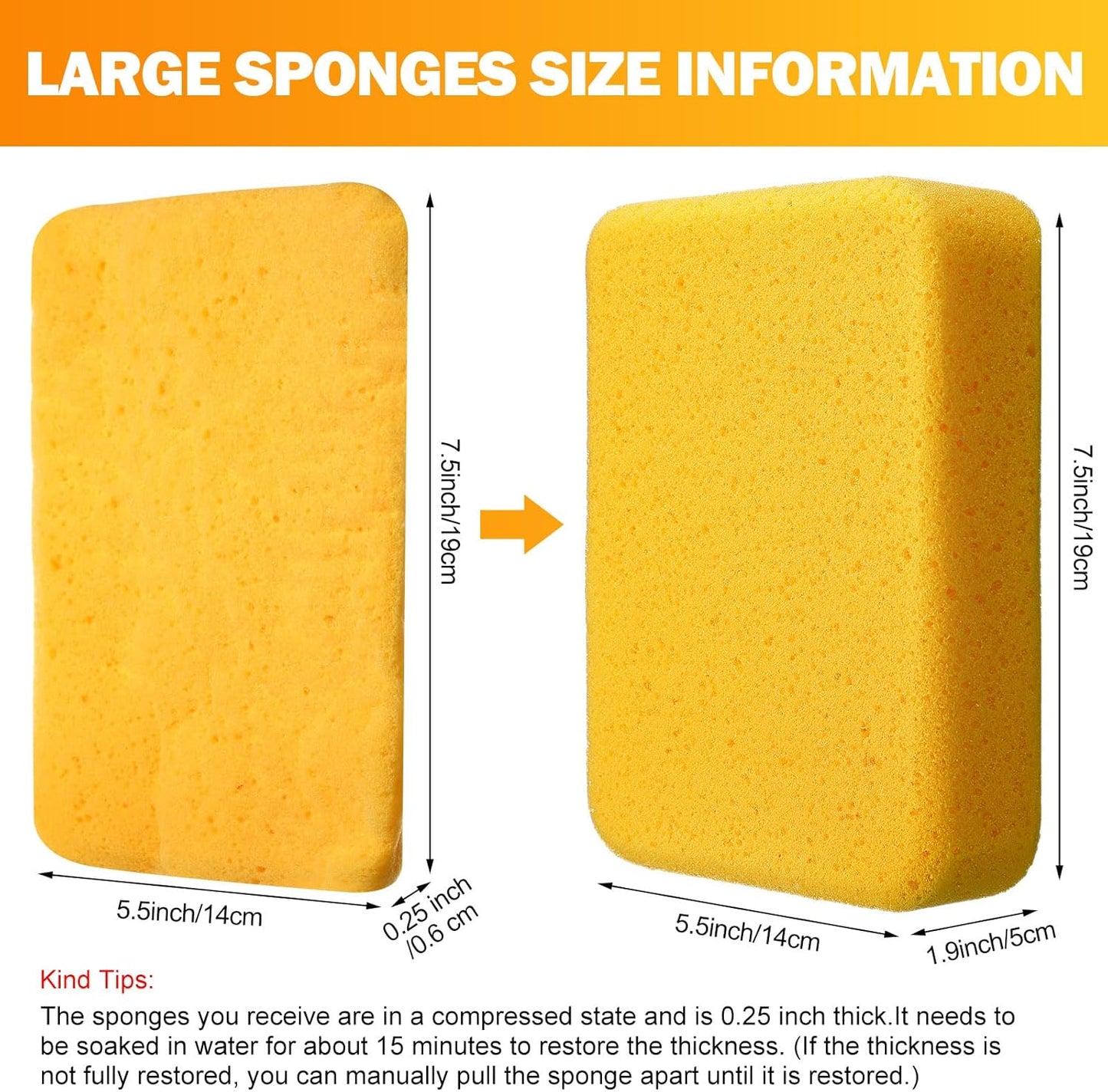 Tioncy 6 Pcs Large Sponges Bulk 7.5 x 5.5 x 1.9 Inch Grouting Car Wash Foam Cleaning and Washing Sponge Commercial Foam Large All Purpose for Cleaning Dishes Car Tile Bike (Yellow)