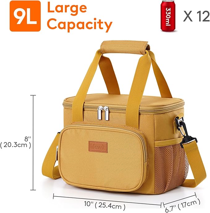 Lifewit Medium Lunch Bag Insulated Lunch Box Soft Cooler Cooling Tote for Adult Men Women, Brown 12-Can (9L)