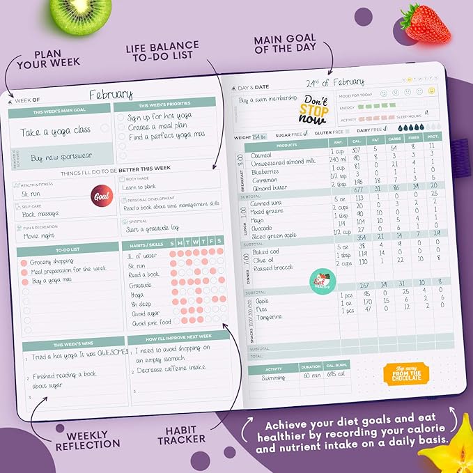 Clever Fox Wellness Planner - Weekly & Daily Health and Wellness Log, Food Journal & Meal Planner Diary for Calorie Counting, Notebook for Medical Condition Tracking, A5-Sized - Purple