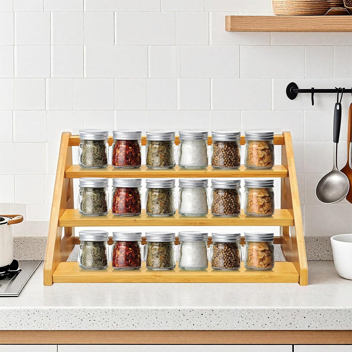 3-Tier Spice Rack Organizer,Bamboo Spice Rack for Kitchen Countertops,Cabinets & Pantries,Modern Space-Saving Design, Durable Bamboo Organizer (Spice Bottles Not Included)