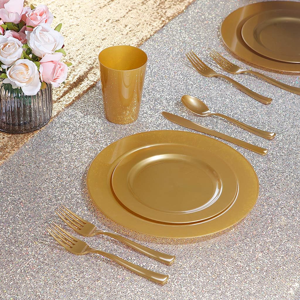 I00000 102 Pieces Solid Gold Disposable Plates, Gold Plastic Plates Premium Plastic Party Plates Includes: 51 Dinner Plate 10.25 Inch and 51 Salad/Dessert Plate 7.5 Inch for Wedding & Party