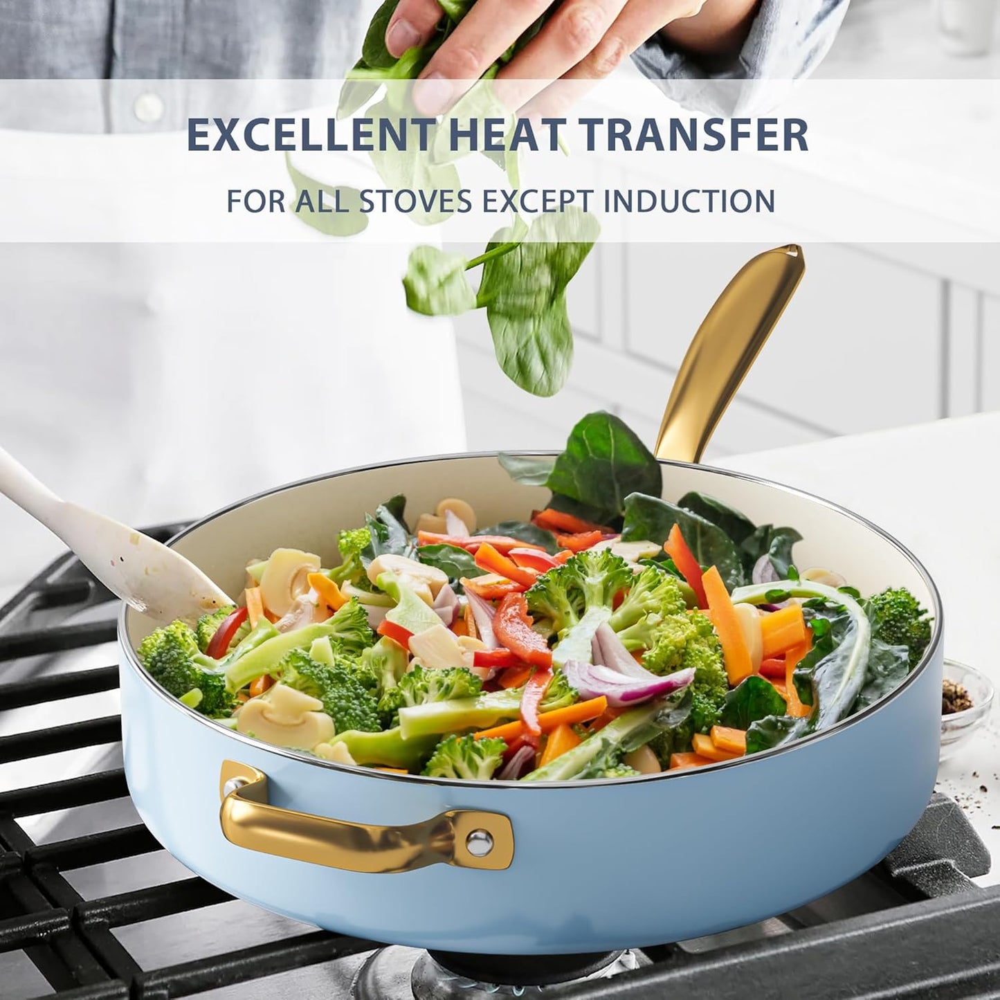 Ceramic Cookware Set, VONIKI 16 Pcs Pots and Pans Set Non Stick, Kitchen Cookware Sets with Cooking Utensils Set, Non Toxic Cookware Set White Gold Pan Set for Cooking Pot Oven & Dishwasher Safe, Gift