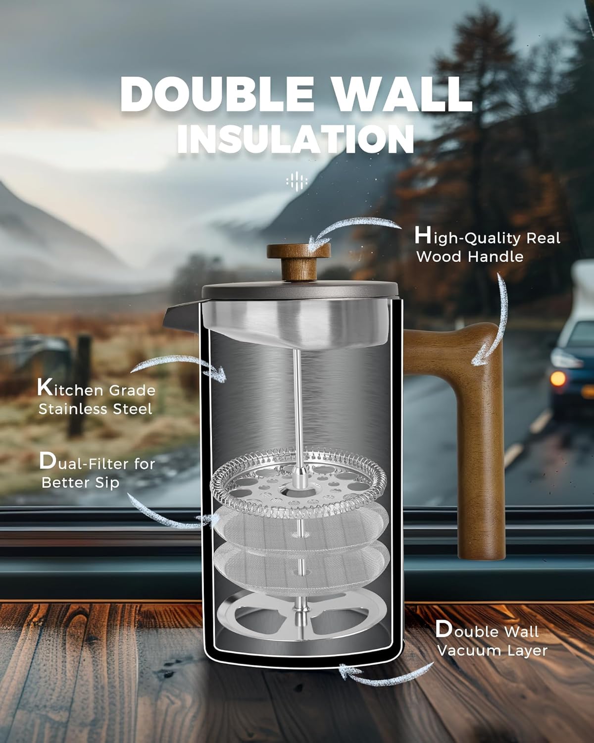 POLIVIAR French Press Coffee Maker, 34 Ounce Coffee Press with Real Wood Handle, Double Wall Insulation & Dual-Filter Screen, Food Grade Stainless Steel for Good Coffee and Tea (Cliff)