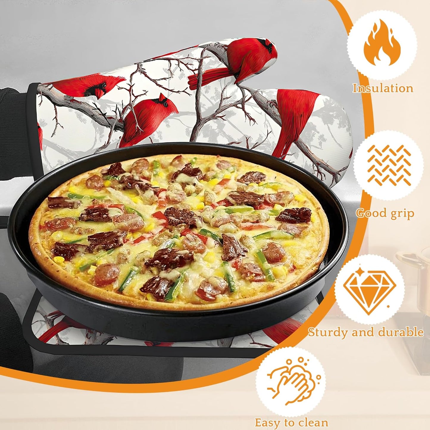 Red Cardinal Oven Mitts and Pot Holders Set,Christmas Winter Kitchen Oven Gloves and Pot Holder with Heat Resistant Non Slip for Cooking Baking Grilling(4 Piece Set)