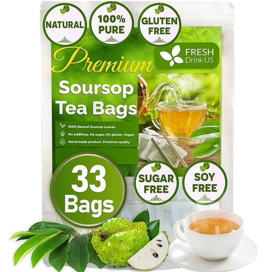 FreshDrinkUS, Premium 33 Soursop Graviola Leaf Tea Bags, 100% Natural & Pure from Soursop Leaves, Hoja Guanabana Herbal Tea. Made with Natural Material Tea Bags. No Sugar, No Caffeine, Vegan.