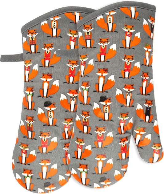 Oven Mitts Gloves 1 Pair Heat Resistant 480 ℉ Non Slip Clear Silicone Printed Fox Comfortable Cotton Lining Kitchen Women Men Cooking Baking Barbecue Machine Washable (Fox, Gray Mittens)