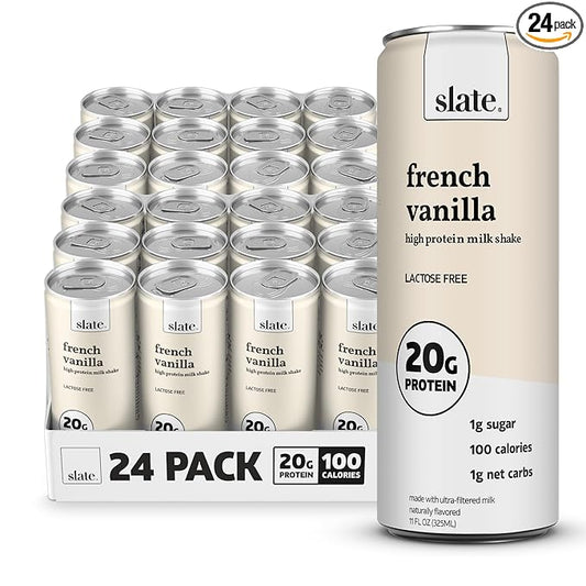 Slate Milk - High Protein Milk Shake - French Vanilla - Lactose Free, 20g Protein, 1g Sugar, 100 Calories, 1g Net Carbs, No Added Sugar - Natural, Breakfast Boost, Post Workout - 11 fl oz, 24 Cans