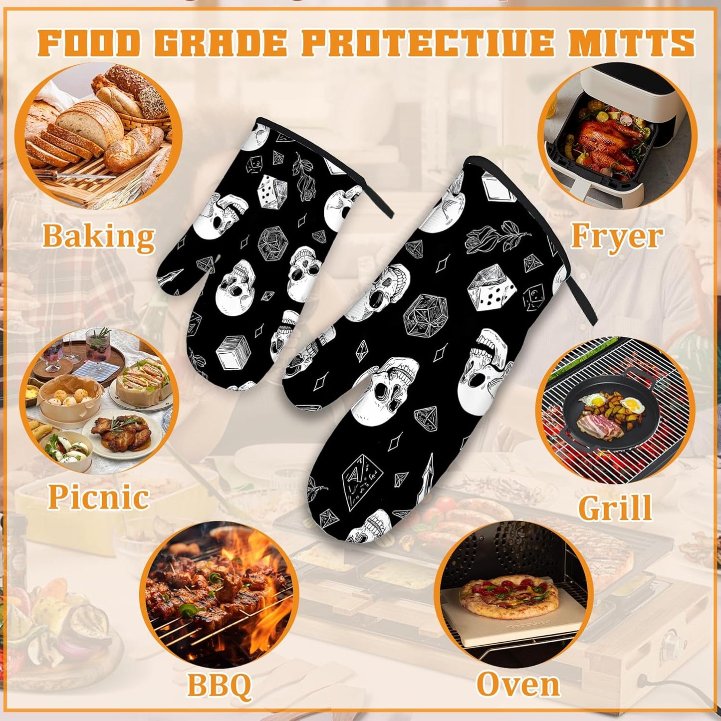 Skull Head Oven Mitts and Pot Holders, Rose Heat Resistant Oven Mitts Gloves and Pot Holder for Home Kitchen Decorations Cooking Baking BBQ Gifts,Set of 4