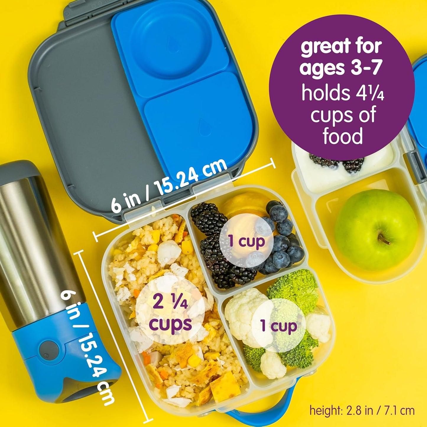 b.box Mini Lunch Box (2-pack), Bento Box for Kids Snack Container with 2 Leak-Proof Compartments, Reusable Snack Containers with Lids, BPA Free Kids Lunch Box, 4 1/4 Cup (Lilac Pop+Strawberry Shake)