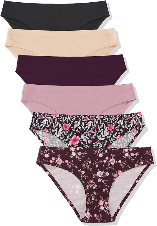 FINETOO 6 Pack Women’s Seamless Hipster Underwear No Show Panties Invisibles Briefs Soft Stretch Bikini Underwears XS-XL