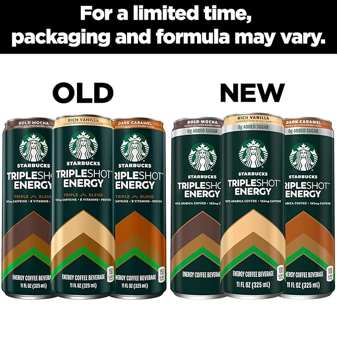Starbucks Tripleshot Coffee Energy Drink, Dark Caramel, 11 fl oz Cans (12 Pack), Triple Blend, 165mg Caffeine, B Vitamins, Protein, Iced Coffee (Packaging and Formula May Vary)