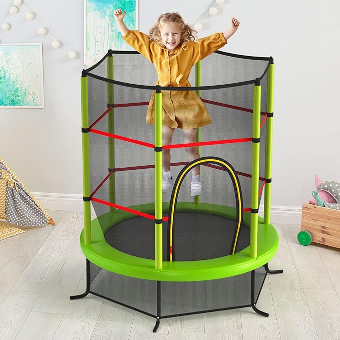 GYMAX Toddler Trampoline, 55” Trampoline for Kids with Bottom-to-Top All-Round Enclosure Net & Seamless Jumping Mat, ASTM Approved Easy Assembly Kids Mini Trampolines Indoor/Outdoor