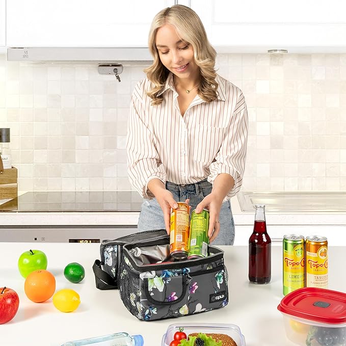 opux Lunch Bag Women Insulated, Adult Lunch Box Cooler, Flower Lunch Box, Dual Compartment Lunchbox for Work, Leakproof Double Decker Lunch Bag, Soft Lunch Pail Tote Girls Kids School, Floral Gray