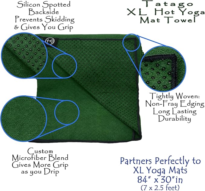 Tatago Hot Yoga Mat Towel Non Slip for Hot Yoga (72-84 inch Mats) Our Hot Yoga Towel Non Slip Silicone Dabs & Absorbent Microfiber Blend Gives You More Grip As You Drip! (Ezmeraldo, XL - 84")