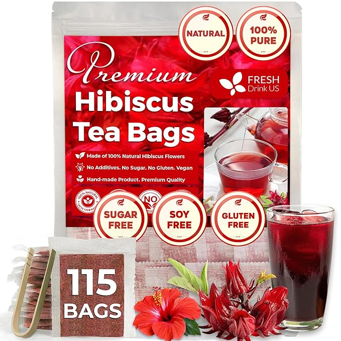 FRESHDRINKUS 115 Hibiscus Flowers Tea Bags, 100 Percent Natural, Pure from Hibiscus Flowers. Loose Flower Hibiscus Herbal Tea. Hibiscus Flower Tea. No Sugar, No Caffeine, No Gluten, Vegan.